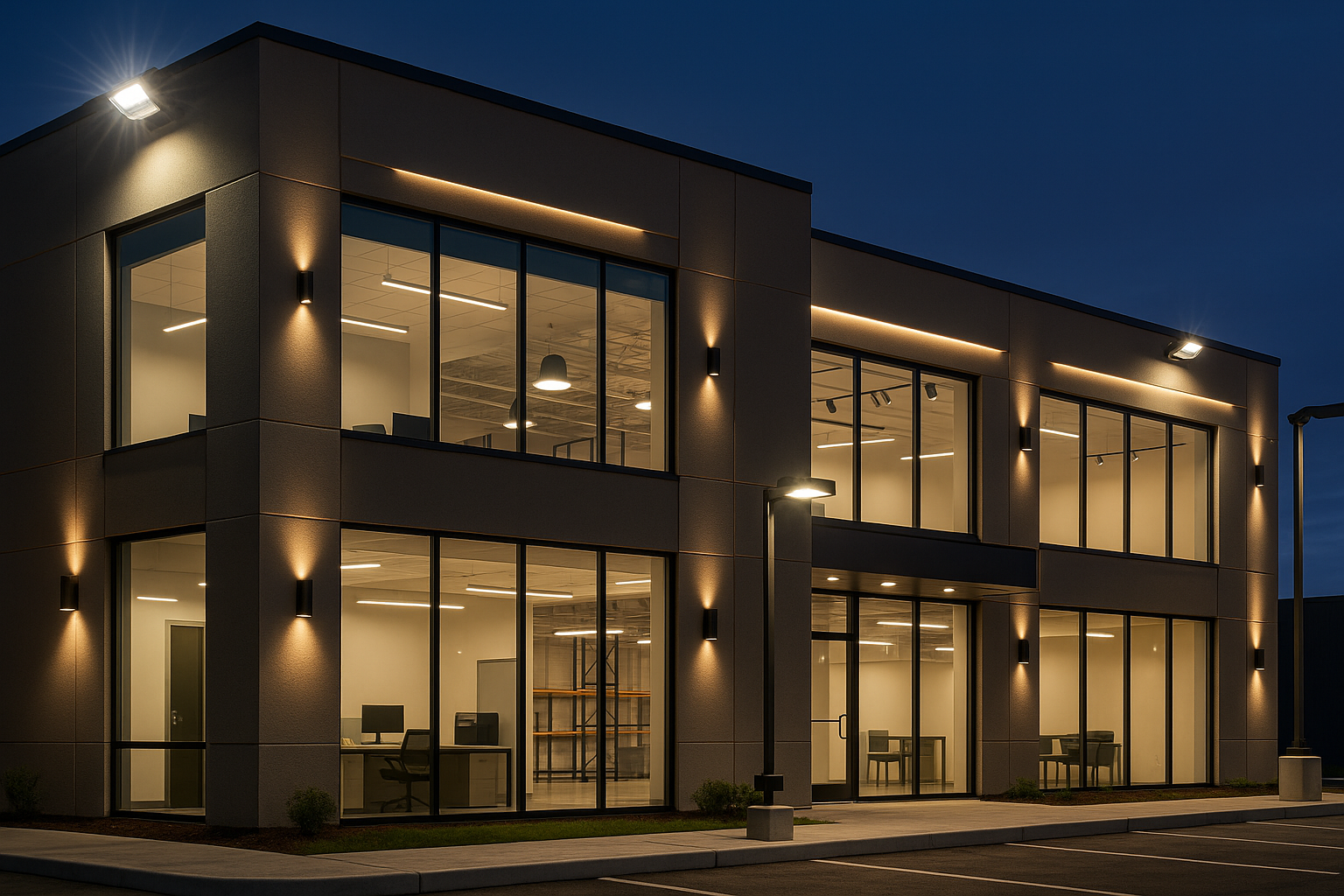 comercial and industrial lighting products inside and outside of a commercial building
