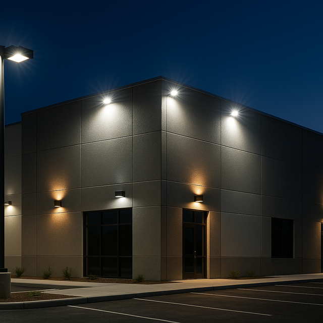 exterior lighting like parking lights, flood lights, wall packs, wall fixtures of a commercial building